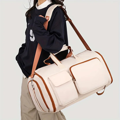 Large Capacity Beige Nylon Travel Suit Bag, 16-Inch Multifunctional Business Style, Dual Shoulder & Handheld, Non-Waterproof