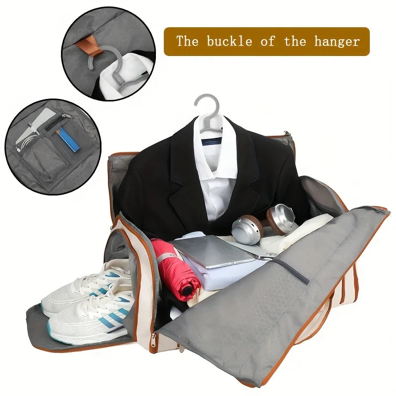Large Capacity Beige Nylon Travel Suit Bag, 16-Inch Multifunctional Business Style, Dual Shoulder & Handheld, Non-Waterproof