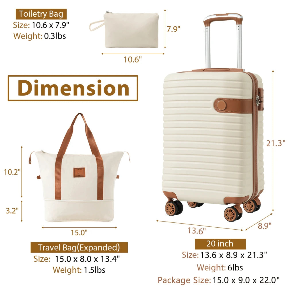 Luggage Sets 3 Piece Carry on Luggage 22x14x9 Airline Approved, Lightweight Hardshell ABS Suitcases with Wheels, 20 inch, Cream