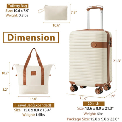 Luggage Sets 3 Piece Carry on Luggage 22x14x9 Airline Approved, Lightweight Hardshell ABS Suitcases with Wheels, 20 inch, Cream