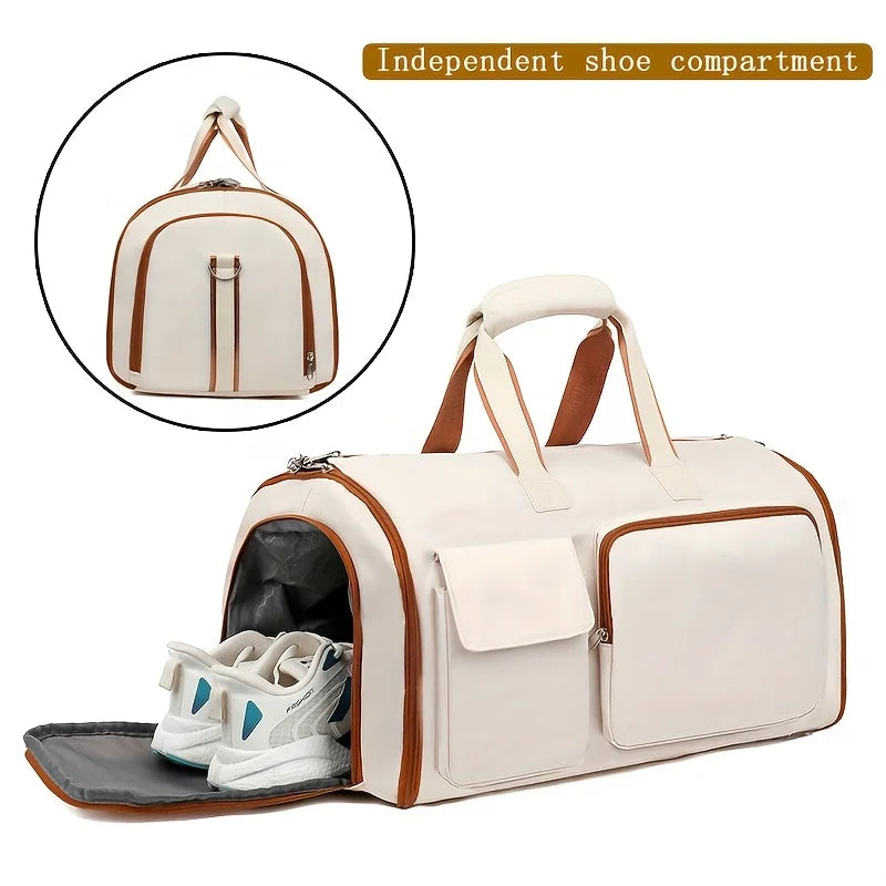 Large Capacity Beige Nylon Travel Suit Bag, 16-Inch Multifunctional Business Style, Dual Shoulder & Handheld, Non-Waterproof