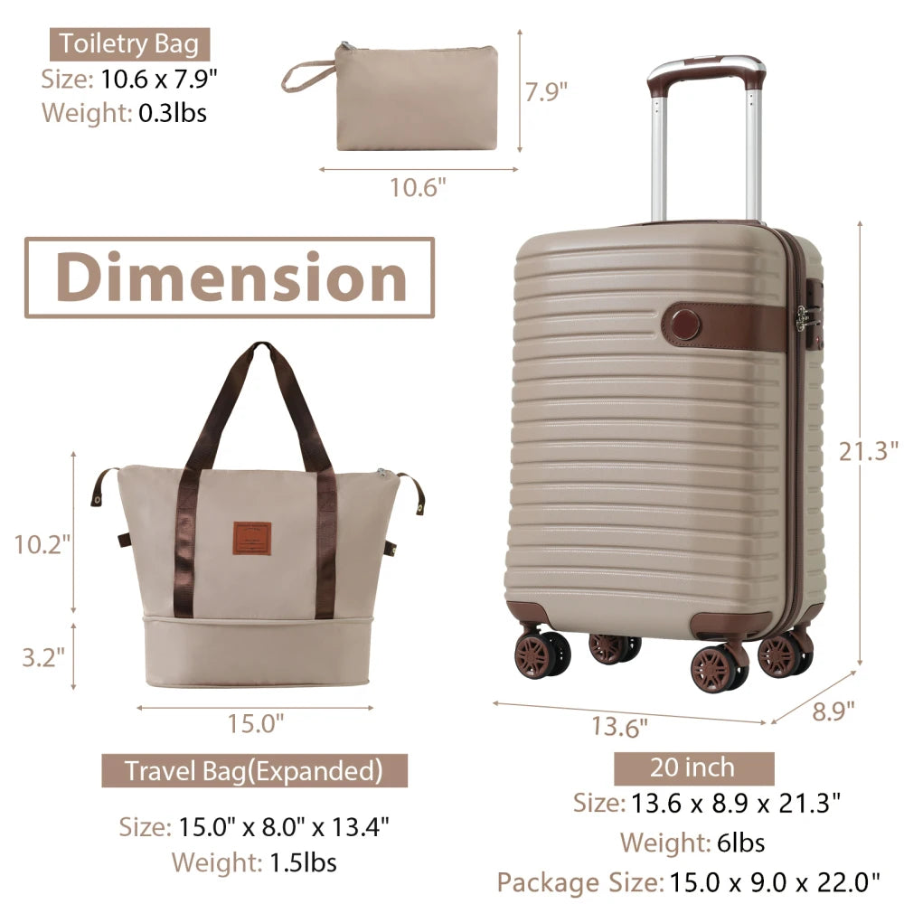 Luggage Sets 3 Piece Carry on Luggage 22x14x9 Airline Approved, Lightweight Hardshell ABS Suitcases with Wheels, 20 inch, Cream