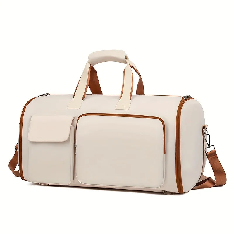Large Capacity Beige Nylon Travel Suit Bag, 16-Inch Multifunctional Business Style, Dual Shoulder & Handheld, Non-Waterproof