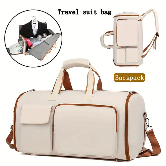 Large Capacity Beige Nylon Travel Suit Bag, 16-Inch Multifunctional Business Style, Dual Shoulder & Handheld, Non-Waterproof