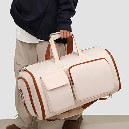 Large Capacity Beige Nylon Travel Suit Bag, 16-Inch Multifunctional Business Style, Dual Shoulder & Handheld, Non-Waterproof